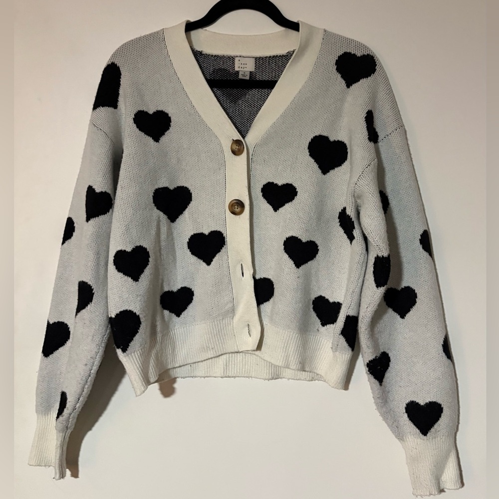 a new day Black and White Heart Cardigan